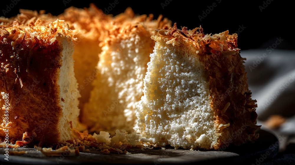Fototapeta premium Coconut chiffon cake torn open by hand, macro crumb texture focus, no plate visible, dramatic side lighting