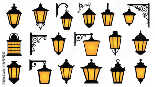 Collection of various vintage and modern exterior wall lanterns and hanging lights for illuminating outdoor spaces
