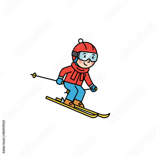 Child skiing down slope in colorful winter gear on white background  
