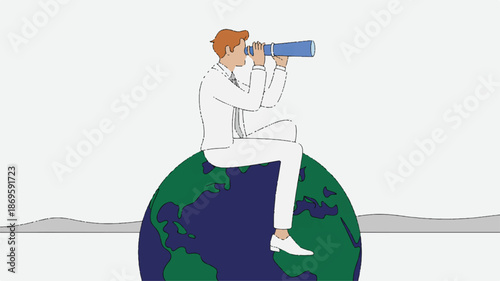 A businessman sitting atop the Earth and looking through a telescope, symbolizing global vision and future opportunities in a minimalist illustration