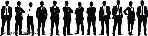 Corporate business team silhouettes standing together in formal attire symbolizing leadership, teamwork, diversity, collaboration, professionalism, unity, and workplace success