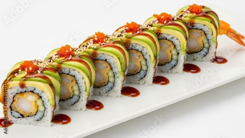Vibrant Dragon Roll Sushi with Avocado and Shrimp