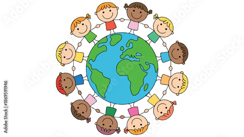 Children of the World Holding Hands Around the Planet Earth, Symbolizing Global Unity and Friendship