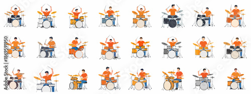 Collection of flat vector illustrations depicting a male drummer playing a drum kit in various poses and colors against a white background.