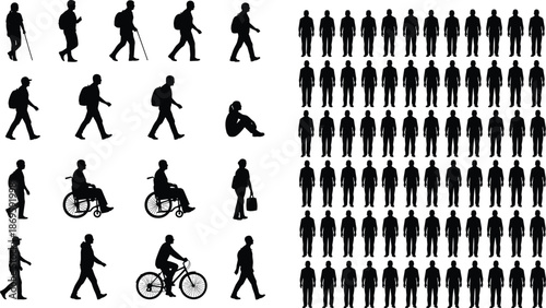 Human walking silhouettes set, people activities icons, diverse movement poses, accessibility and transportation vector illustration