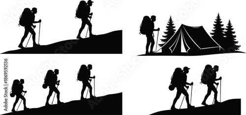 Hiking backpacker silhouettes set, outdoor adventure trekking, mountain camping with tent, nature exploration vector illustration