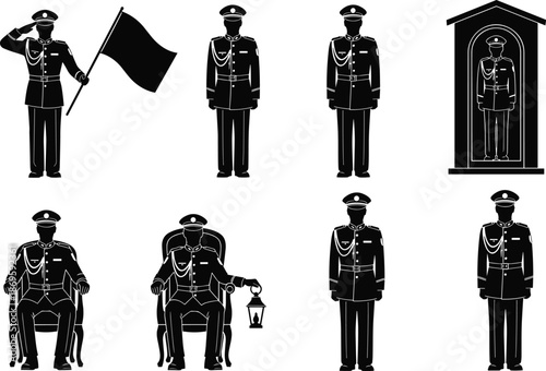 Royal guard silhouettes set, ceremonial uniform soldiers poses, palace security duty, historical military vector illustration
