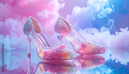 A pair of shoes made of sugar glass and spun sweets, standing on a mirrored floor.