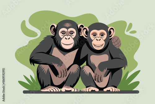 Two Friendly Chimpanzees Sitting Together, animal bonding concept