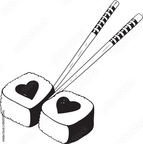 Chopsticks picking up heart shaped sushi rolls on plate