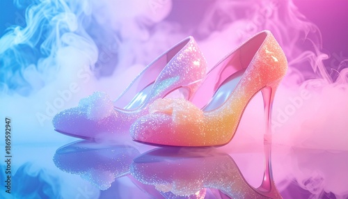 A pair of shoes made of sugar glass and spun sweets, standing on a mirrored floor.