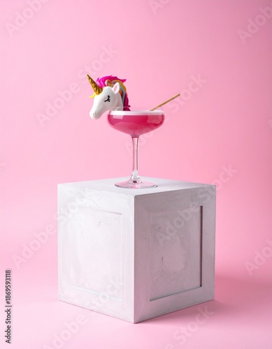 Minimalistic composition with a unicorn themed cocktail in a martini glass, placed on a modern concrete cube, set against a soft pink background.