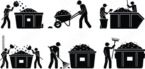 Sanitation workers waste management silhouettes, garbage cleanup activities, industrial trash handling, vector illustration set icons