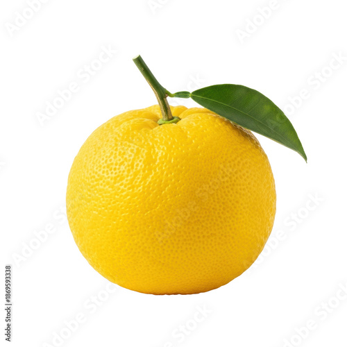 Vibrant yellow yuzu fruit with textured peel, green stem & leaf, extreme close-up, razor-sharp on a transparent studio background, soft light, concept of natural freshness and healthy eating