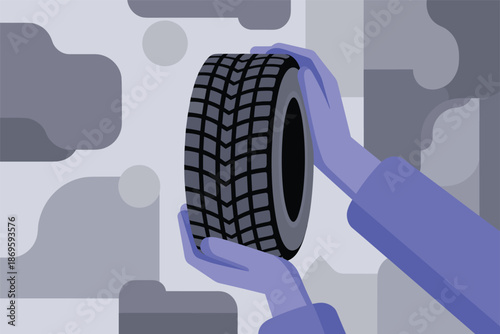 Hands Holding a Car Tire in Flat Design, automotive service concept