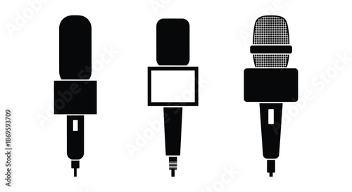 A collection of diverse microphone styles in black silhouette illustrations