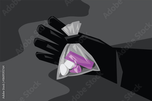 Dark Hand Holding a Bag of Illicit Pills, drug abuse awareness concept