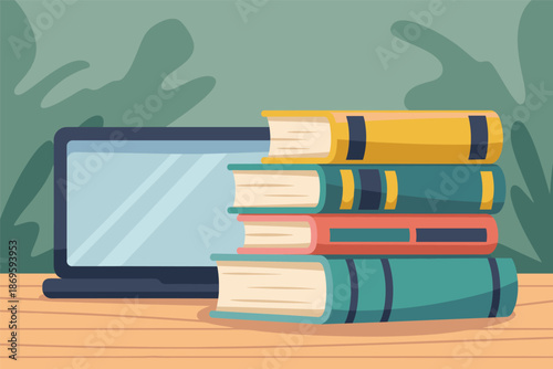 Online Learning and Traditional Books for Study, digital education concept