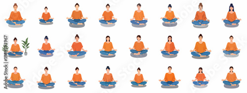Collection of vector illustrations showing diverse women practicing seated meditation in the lotus pose (Padmasana) for relaxation, wellness, and mindfulness.