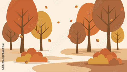 Autumn trees with falling leaves on a winding path in a park