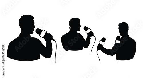 A collection of diverse microphone styles in black silhouette illustrations