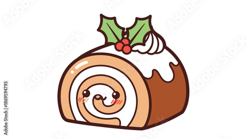 Cute Christmas Swiss Roll Cake Character Smiling with Holly Decoration for Festive Holiday Celebrations and Bakery Business Marketing, an Adorable Food Dessert in Cartoon Style