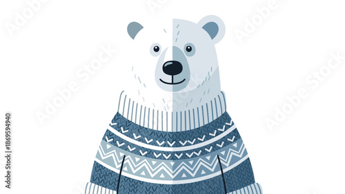 Stylized Polar Bear Wearing Winter Sweater Illustration on White Background for Children's Designs, Graphic Resources and Christmas Holiday Season, Perfect for Web or Print Media