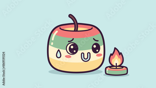 Sad Apple Character Beside a Candle Illustrates Loss and Remembrance, Displaying Emotions in a Sweet, Animated Style on a Light Blue Background for Children's Stories, Grieving