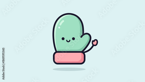Delightful Mitten Character Waving Hello on Light Background Illustration: A cheerful mint green winter glove with a cute face offers a friendly greeting, ideal for holiday cards,