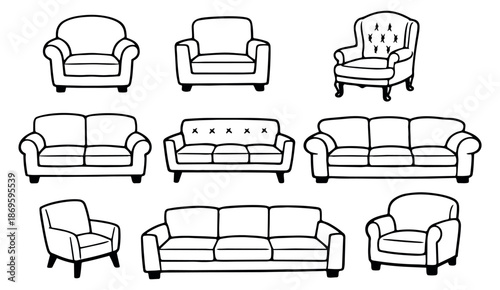 Hand drawn line art furniture set featuring various sofas and armchairs for interior design