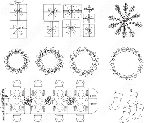 A festive compilation of vector elements, presents a collection of carefully designed gift boxes, festive wreaths, ornamental table settings and holiday stockings. Ideal for design applications.