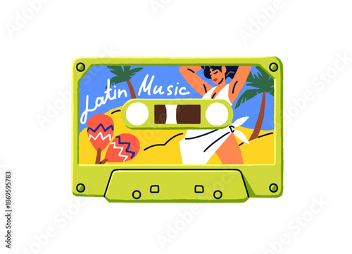 Audio cassette of Latin American music. Vintage design of mix tape with Latino songs. Retro mixtape with records for player. Old audiocassette. Flat isolated vector illustration on white background.