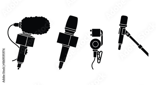 A collection of diverse microphone styles in black silhouette illustrations