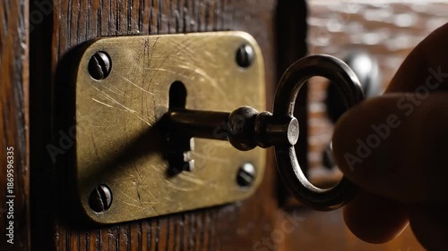 Vintage key unlocking an old brass lock, Key turning with metallic click
