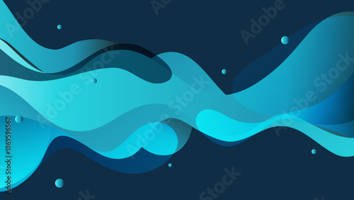 Abstract Blue and Teal Fluid Wave Background with Vibrant Liquid Shapes, Dynamic Flowing Gradients and Modern Geometric Elements on Dark Navy Blue Backdrop