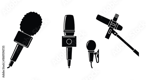 A collection of diverse microphone styles in black silhouette illustrations