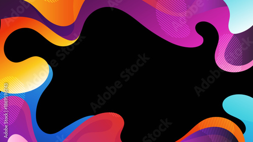 Abstract Colorful Frame Background with Vibrant Fluid Shapes on Black Backdrop, Dynamic Flowing Liquid Gradients and Modern Geometric Border for Creative Design