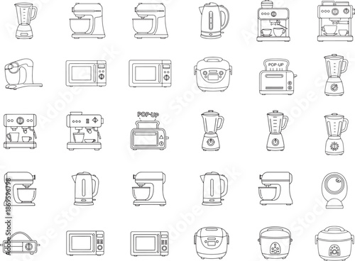 A collection of detailed line art illustrations featuring a variety of kitchen appliances, meticulously crafted to showcase their design and function.