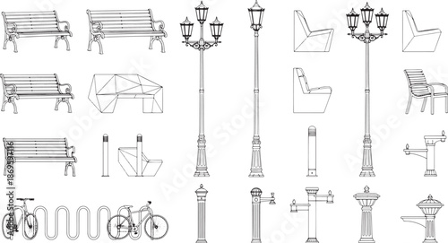 Urban park elements sketch design including benches, lighting, water fountains, and bike racks. It's a versatile design kit for creating detailed cityscapes.