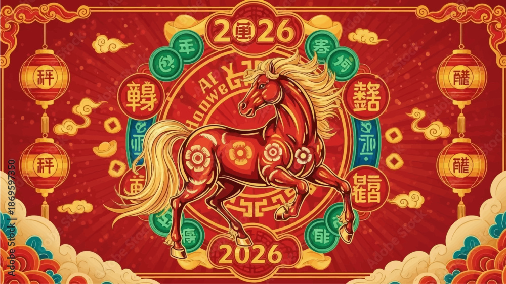 Fototapeta premium Happy Chinese New Year background 2026. Year of the horse. Vector illustration