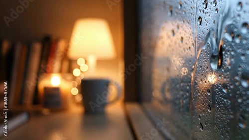 Macro of water drops on glass during rain. Background features a warm lamp, mug, and books in soft bokeh. Perfect cozy hygge atmosphere for lo-fi music, relaxation videos or autumn mood background.
