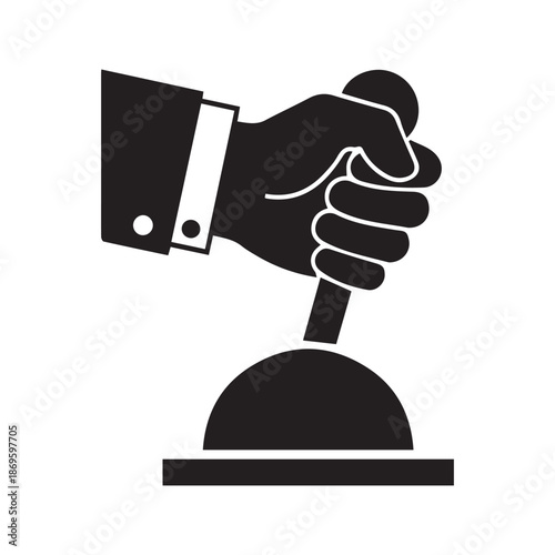 Hand pulling lever switch icon vector. Black silhouette of businessman arm holding control handle. Machine start, launch, or activation glyph symbol isolated on white background.
