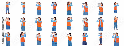 Set of diverse women illustrations looking through binoculars, wearing outdoor vests for exploration, birdwatching, observation, or searching activities.