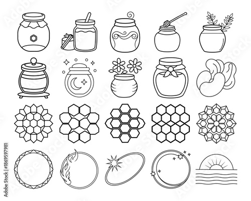 Abstract geometric shapes icon set for coloring page design, featuring minimalist line art circles, squares, and stars for creative art projects.