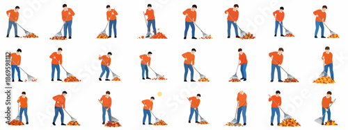 Man Raking Autumn Leaves Animation Sprite Sheet Set: Vector illustration of male character performing yard work and fall cleanup activities.