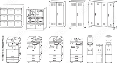 An array of essential office furniture and equipment is meticulously illustrated, creating a versatile resource for business, design, and organizational concepts. 