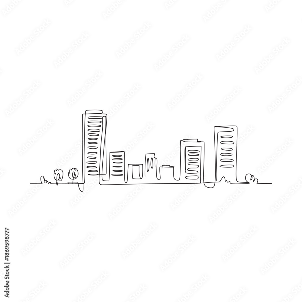 Obraz premium A continuous line drawing depicts a minimalist cityscape with buildings and trees