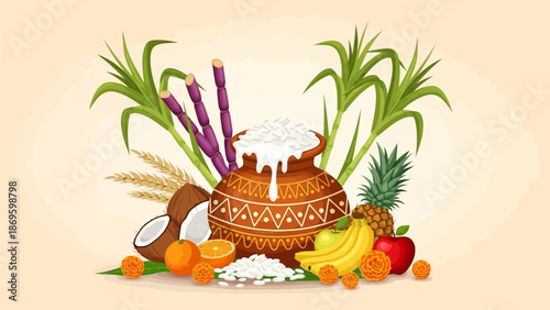 Happy Pongal greeting card on white background. Happy pongal festival celebration with sugarcane and pot of rice