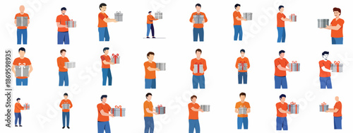 Collection of various young men in casual wear presenting or receiving gift boxes, illustrating concepts of delivery, surprise, and holidays.