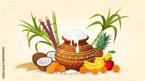 Happy Pongal greeting card on white background. Happy pongal festival celebration with sugarcane and pot of rice
